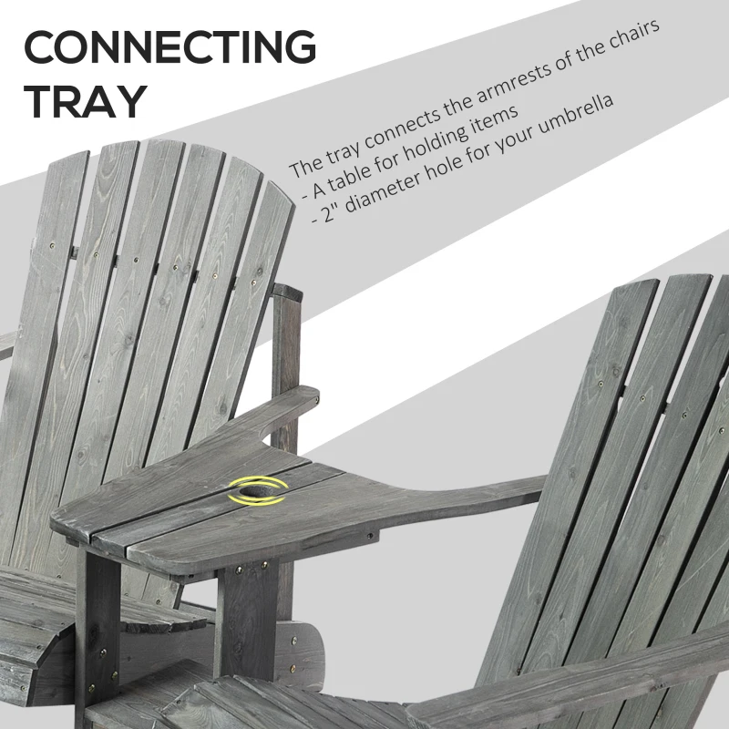 Outsunny Double Wooden Adirondack Chair Muskoka Chair with Middle Table, Outdoor Patio Porch Tete-A-Tete Bench Two Seater w/ Umbrella Hole, Grey