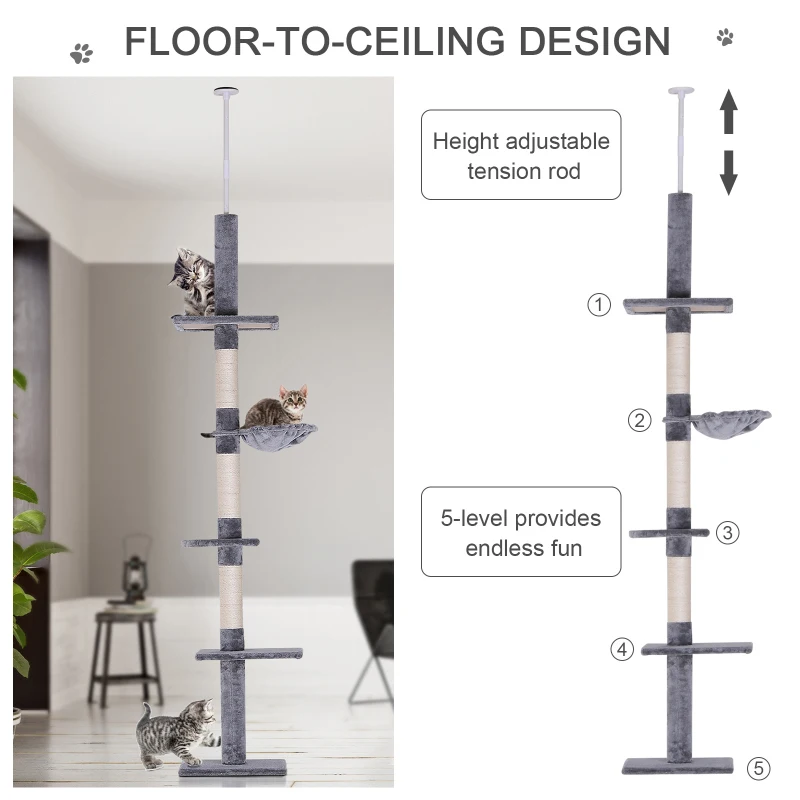 PawHut 102" Adjustable Height Floor to Ceiling Cat Tree, 5 Level Cat Tower with Scratching Posts, Hammock, Gray