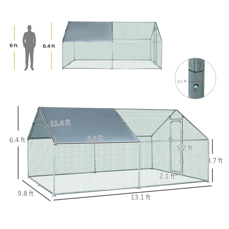 PawHut Large Chicken Coop Metal Chicken Run with Waterproof and Anti-UV Cover, Spire Shaped Walk-in Fence Cage Hen House for Outdoor and Yard Farm Use, 1.3" Tube Diameter, 9.8' x 13.1' x 6.4'