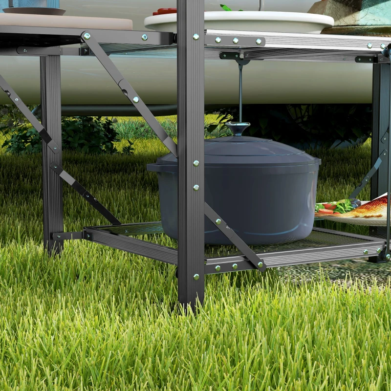 Outsunny Aluminum Camping Kitchen, Folding Cook Station with Carrying Bag, 4 Side Tables, 2 Shelves for BBQ, RV, Picnic, Black