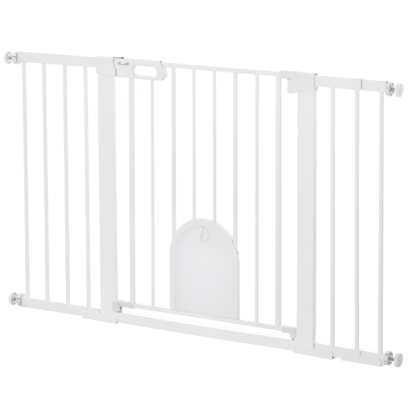 PawHut 30"-52" Extra Wide Pet Gate Barrier with Small Door, 30"H Dog Gate with Safety Gate Barrier, Stair Pressure Fit, White
