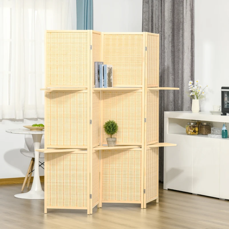 HOMCOM 4-Panel Folding Room Divider, 6 Ft Freestanding Bamboo Privacy Screen Panel with Storage Shelves for Bedroom or Office, Natural Wood Color