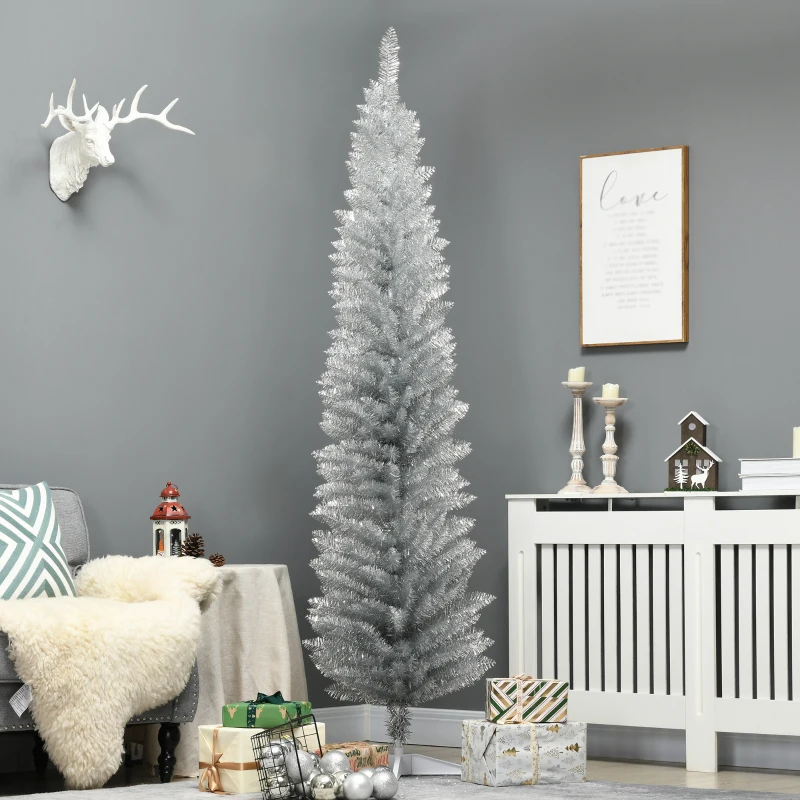 HOMCOM 7FT Decorated Christmas Tree, Pencil Christmas Tree with 499 Realistic Branch Tips and Plastic Stand, Silver