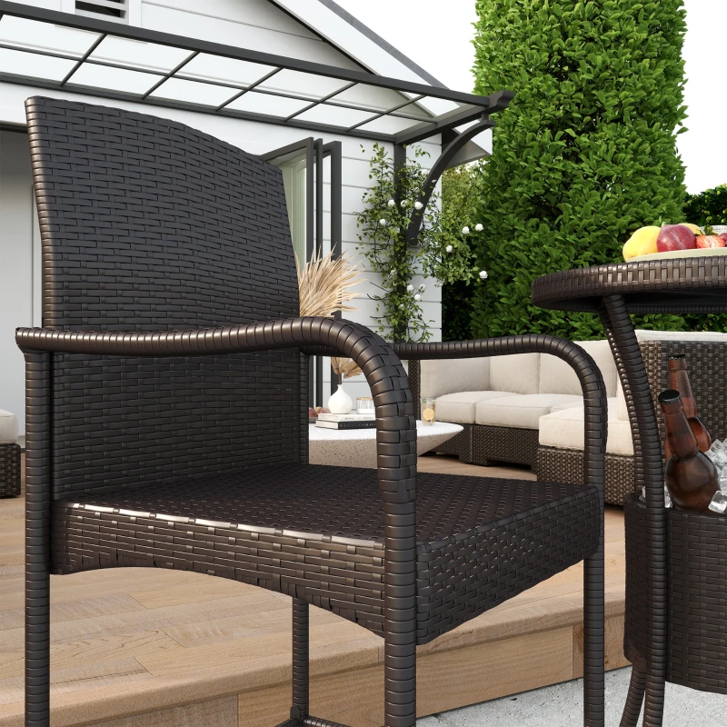 Outsunny 3 Pieces Patio Bar Set, Rattan Bistro Table and Chairs, Outdoor Conversation Furniture Set with Ice Bucket, Dark Brown