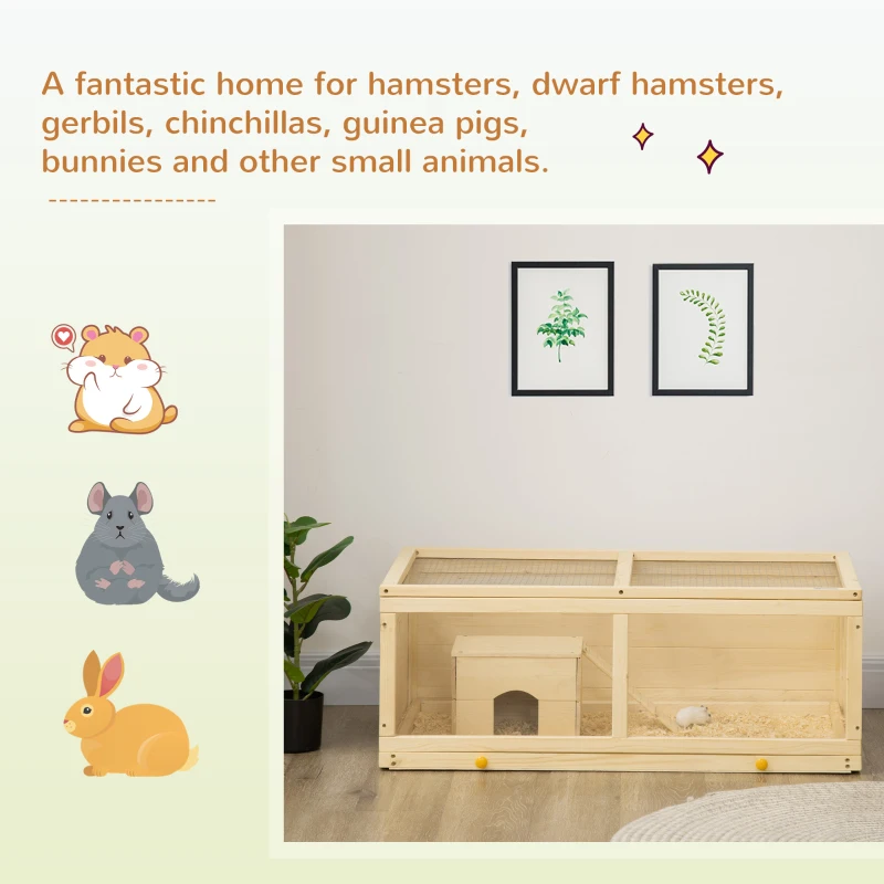 PawHut Small Animals Kit Hutch w/ Sliding Tray, Exercise Play House for Dwarf Hamsters, Gerbils, Chinchillas, Natural Wood