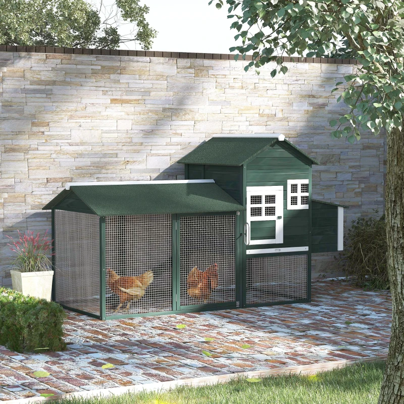 PawHut 84" Wooden Chicken Coop, Hen House Outdoor with Run Nesting Box, Asphalt Roof, Removable Tray, Ramp, Poultry Cage for 2-3 Chickens, Green