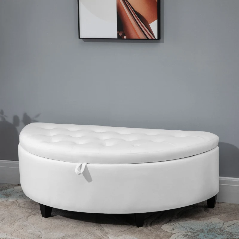 HOMCOM Half Moon Storage Ottoman, Upholstered Button Tufted Storage Bench with Lift Lid and Wood Legs, for Living Room, Entryway, White