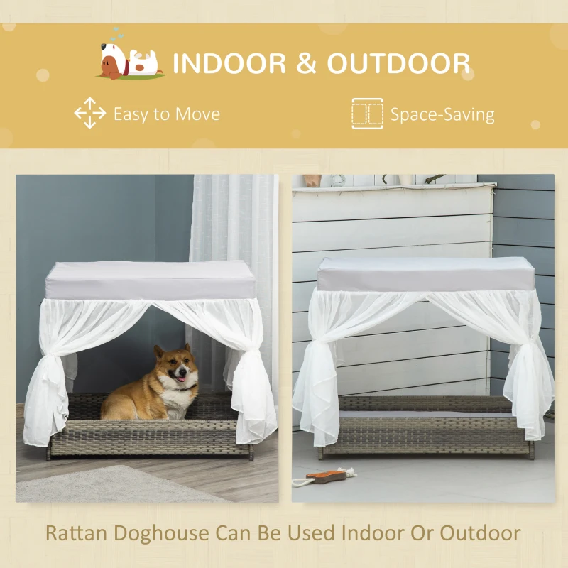 PawHut Wicker Dog House for Indoor Outdoor, Elevated Pet Sofa, Rattan Cat Bed for Garden Patio, Weatherability Roof for Medium-Sized Dogs, Grey