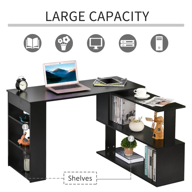 HOMCOM L Shaped Desk, 360° Rotating Corner Desk, Computer Writing Table Workstation with Storage Shelf for Home Office, Black