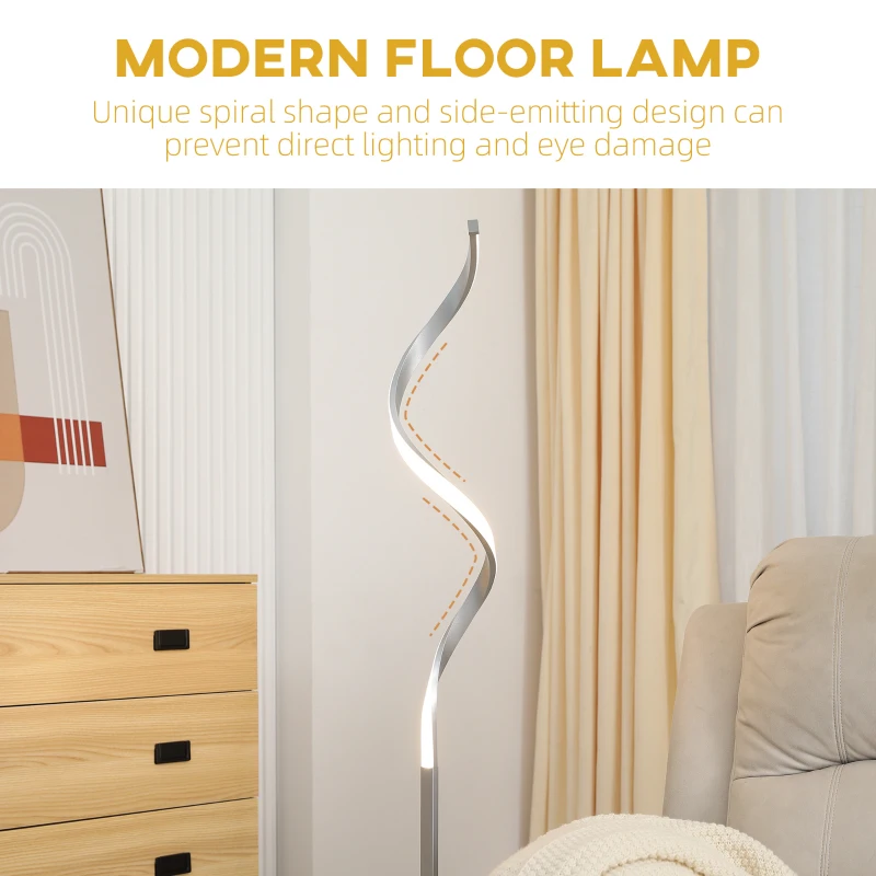 HOMCOM Modern Spiral Floor Lamp, LED Standing Lamp Warm White with Square Base and Foot Switch for Living Room, Bedroom, Set of 2, Silver