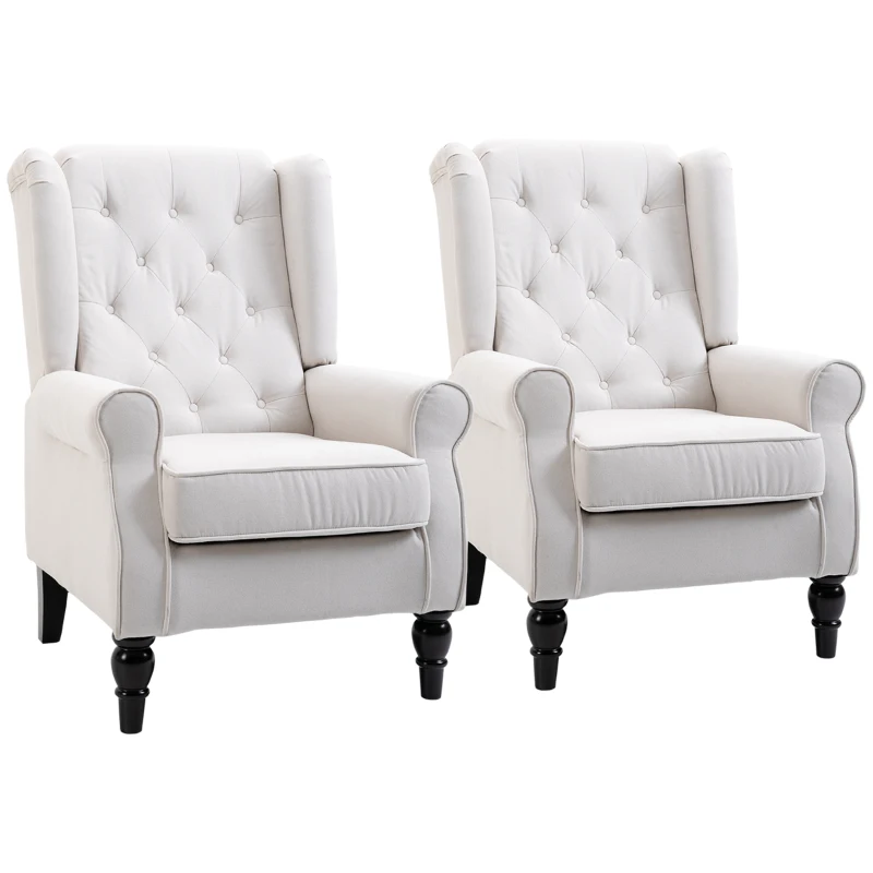 HOMCOM Button-Tufted Accent Chair with High Wingback, Rounded Cushioned Armrests and Thick Padded Seat, Set of 2, Cream White