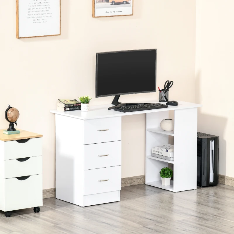 HOMCOM Computer Desk, 47" Writing Table with 3-Tier Shelves and 3 Reversible Drawers for Home Office, Bedroom, White