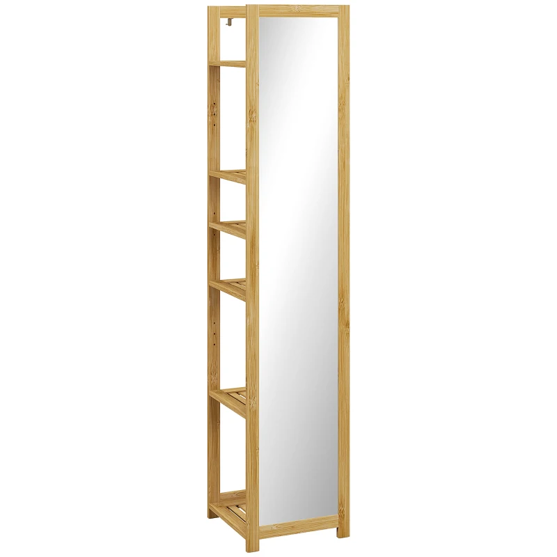HOMCOM 66" x 14" Standing Mirror with 6-Tier Shelf, Floor Mirror Full Body Mirror for Bathroom, Living Room, Nature Wood