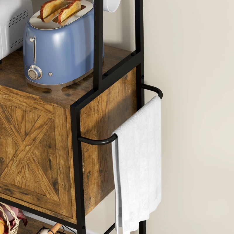 HOMCOM Industrial Kitchen Shelves with Charging Station and LED Lights, Kitchen Storage Rack with Barn Door, Rustic Brown