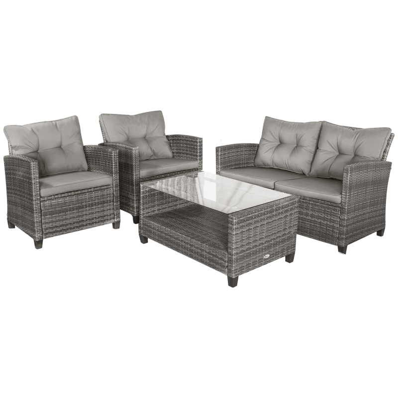 Outsunny 4 Pieces Patio Furniture Sets with Cushions, PE Rattan Wicker Conversation Chairs with Two-Tier Coffee Table for Backyard Porch Garden Poolside and Deck, Gray