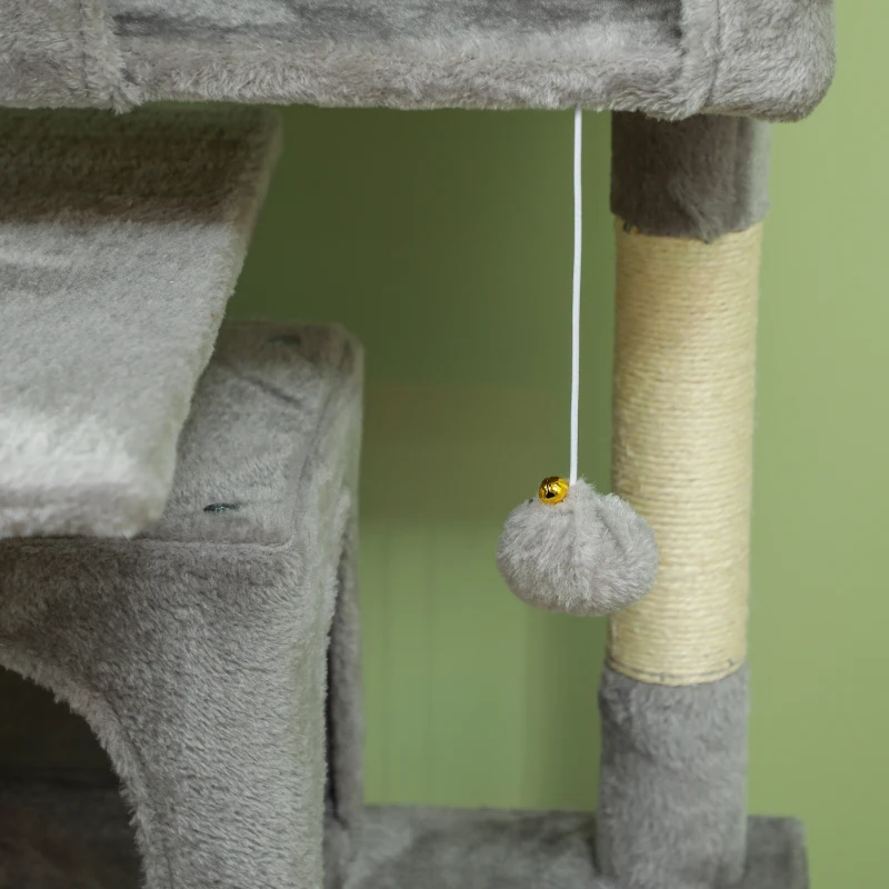 PawHut 54" Cat Tree, Multi-Level Cat Tower with Scratching Posts, Cat Condos, Bed, Platforms, Ramp, Toy Ball, Light Grey