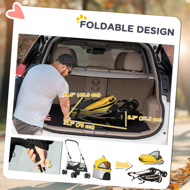 PawHut 4 Wheels Pet Stroller, 3 in 1 Dog Cat Travel Folding Carrier, for Small Dogs, Detachable, w/ Brake, Canopy, Basket, Storage Bag - Yellow