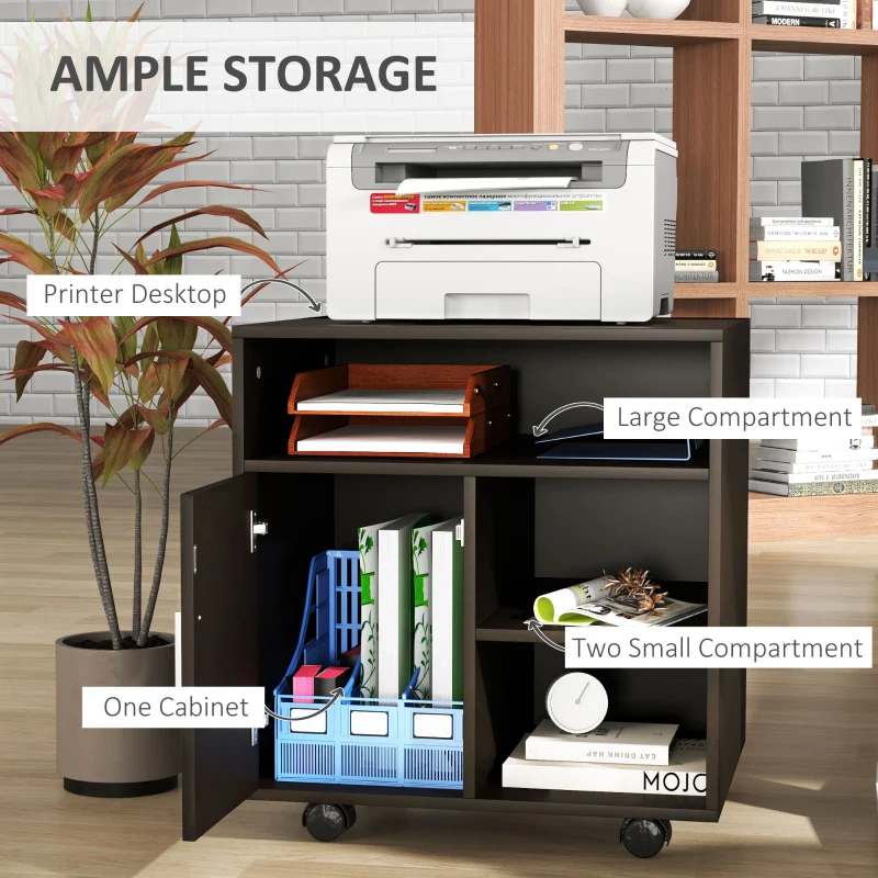 HOMCOM Mobile Printer Stand, Printer Cart with Storage Cupboard, 3 Open Shelves and 4 Rolling Wheels for Home Office, Coffee
