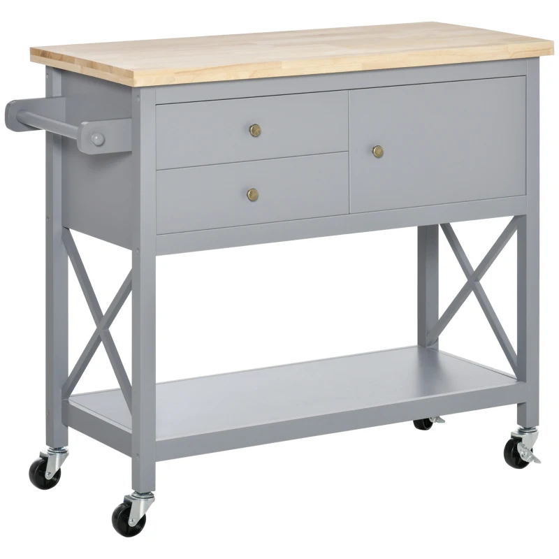 HOMCOM Utility Kitchen Cart Rolling Kitchen Island Storage Trolley with Rubberwood Top, 2 Drawers, Towel Rack, Gray