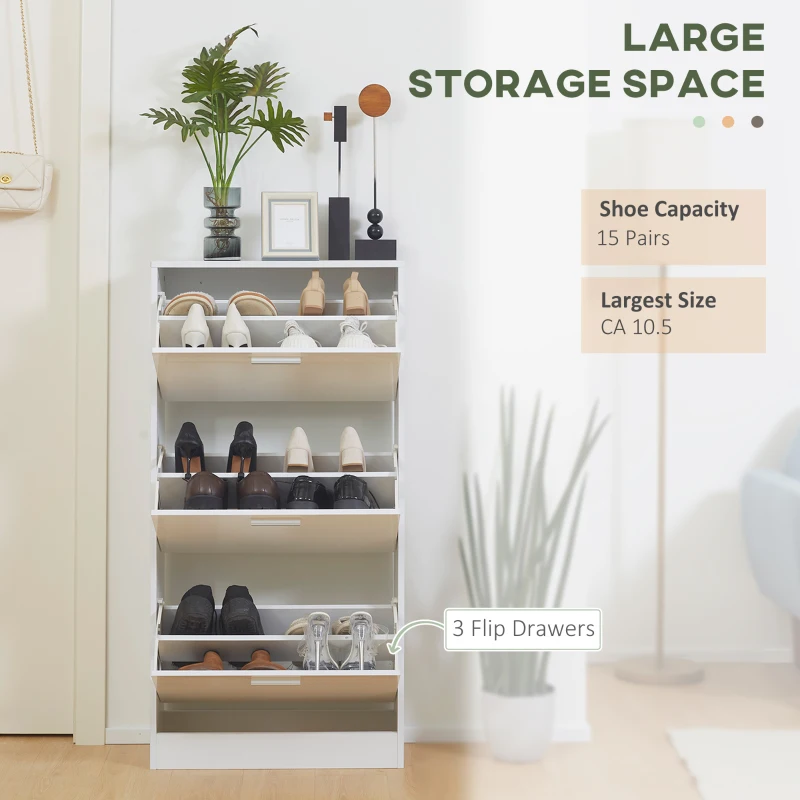 HOMCOM Slim Shoe Storage with 3 Flip Drawers and Adjustable Shelves Shoe Cabinet Organizer for 15 Pair, High Gloss White(m-4)