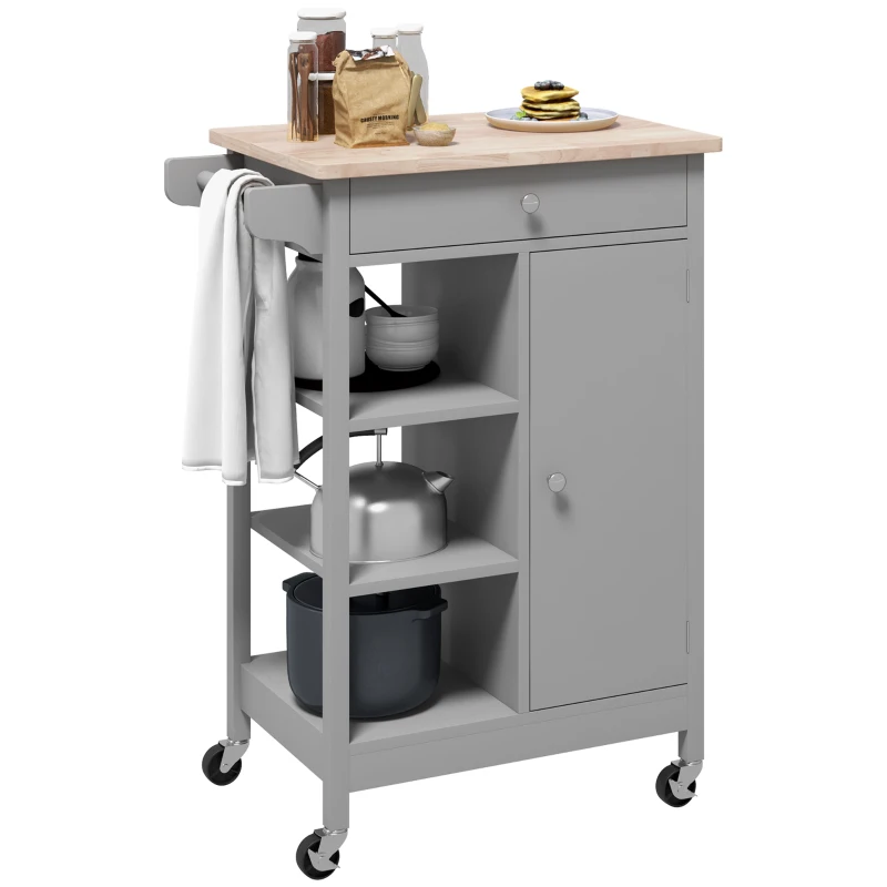 HOMCOM Modern Rolling Kitchen Island Cart with Drawer, Natural Wood Top, Towel Rack, Door Storage Cabinet, Grey