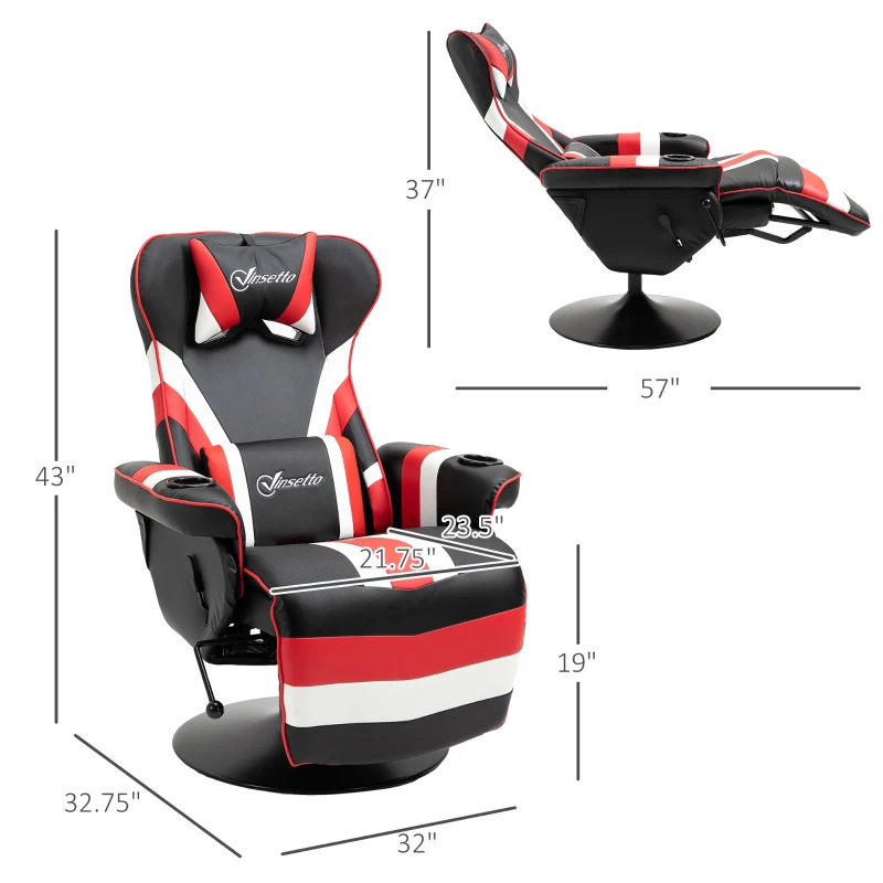 Vinsetto Racing Style Video Gaming Recliner Chair Padded Office Seat with Reclining Backrest and Footrest, Headrest, Lumbar Support, Round Metal Base, Cup Holder for Black and Red