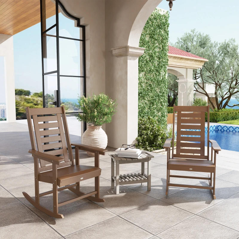 Outsunny 2 Pieces Outdoor Rocking Chairs, HDPE Patio Rockers with 28" High Back, Wide Armrests for Porch Backyard, Brown