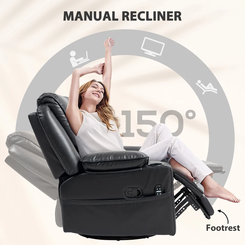 HOMCOM Recliner Massage Armchair with Heat Oversized Swivel Rocker with Footrest Remote and Side Pockets Black