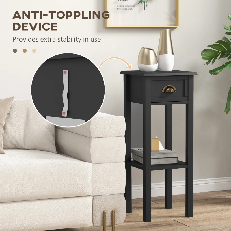 HOMCOM 2-Tier Side Tables Set of 2 with Drawer and Shelf, 2 Pieces End Tables for Living Room and Hallway, Black