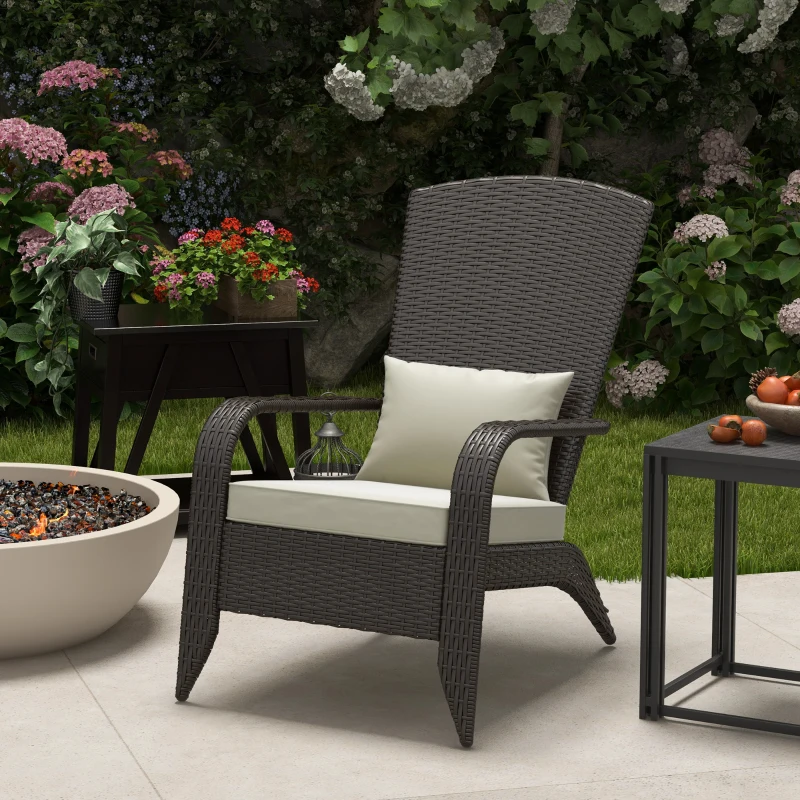 Outsunny Patio Wicker Adirondack Chair, Outdoor Rattan Muskoka Chair with Cushions for Patio, Garden, Backyard Khaki