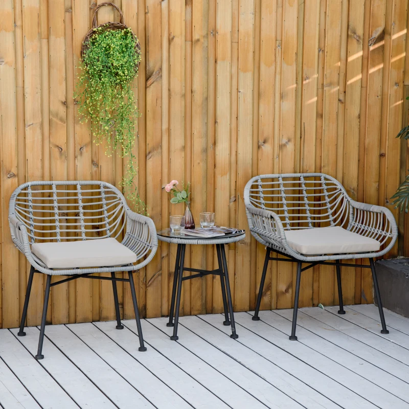 Outsunny 3 Piece Patio Set, Outdoor Bistro Furniture, PE Rattan Wicker Table and Chairs, Cushioned, Cream White
