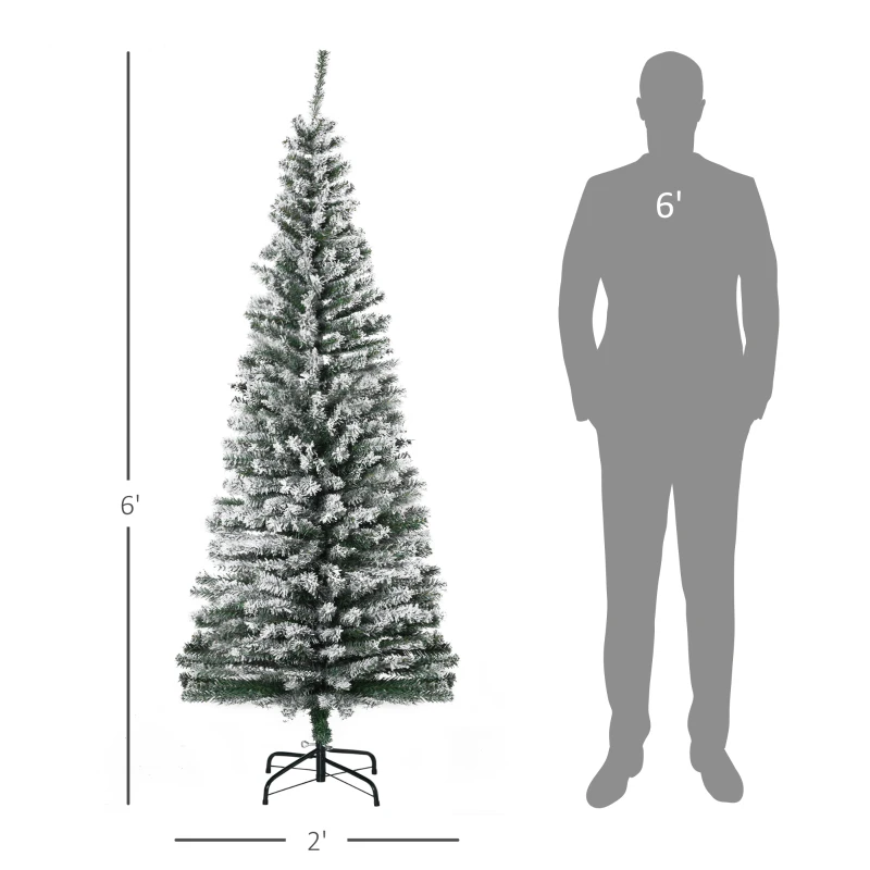 HOMOM 6ft Flocked Christmas Tree, Pencil Artificial Xmas Tree with Faux Snow, Dense Branches, Foldable Metal Base for Indoor Holiday Decor