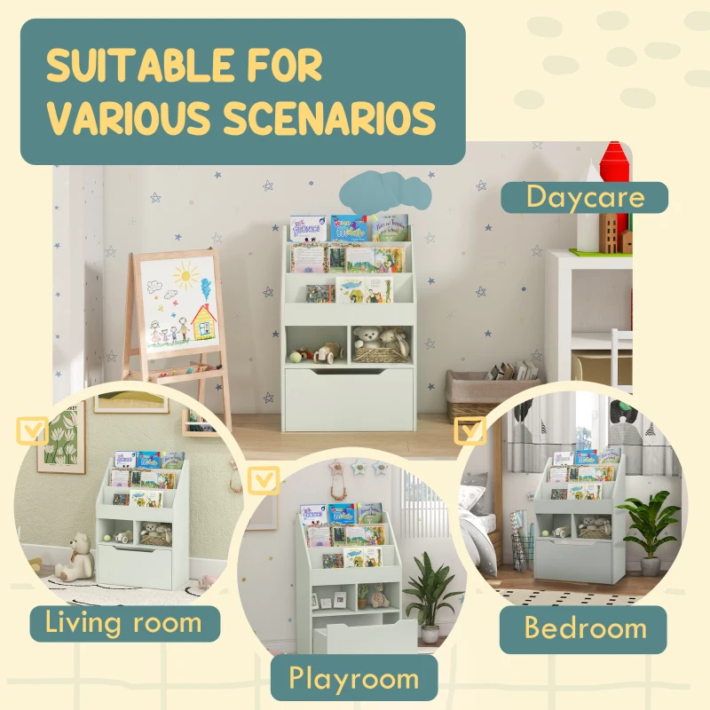 HOMCOM Kids Bookcase Multi-Shelf Book Rack with Mobile Drawer for Books, Toys, Pale Green