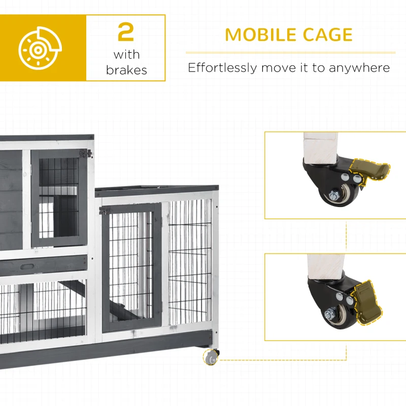 PawHut Wooden Rabbit Hutch, Indoor Bunny Cage with Wheels, Pull Out Trays, Run, Grey