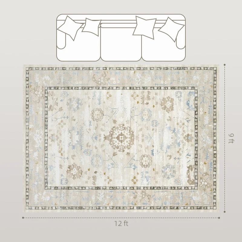 HOMCOM 9x12 Area Rug, Indoor Boho Machine Washable Carpet for Living Room, Bedroom, Dining Room, Kitchen, Blue
