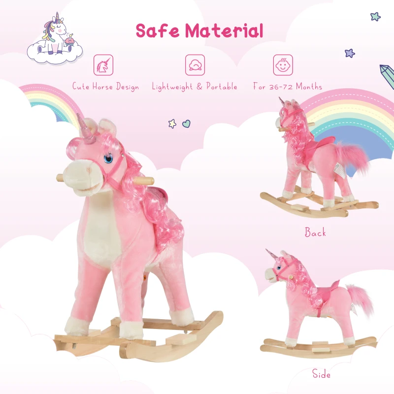 Qaba Kids Rocking Horse, Ride on Unicorn with Wooden Base, Tail Wag & Sounds for Toddlers 3-6 Years Old, Pink