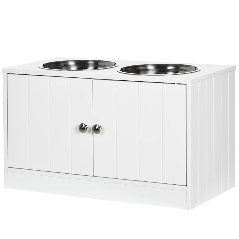 PawHut Elevated Dog Bowls for Large Dogs Pet Feeding Station with Stand, Storage, 2 Stainless Steel Food and Water Bowls, White, 23.6" x 11.8" x 14"