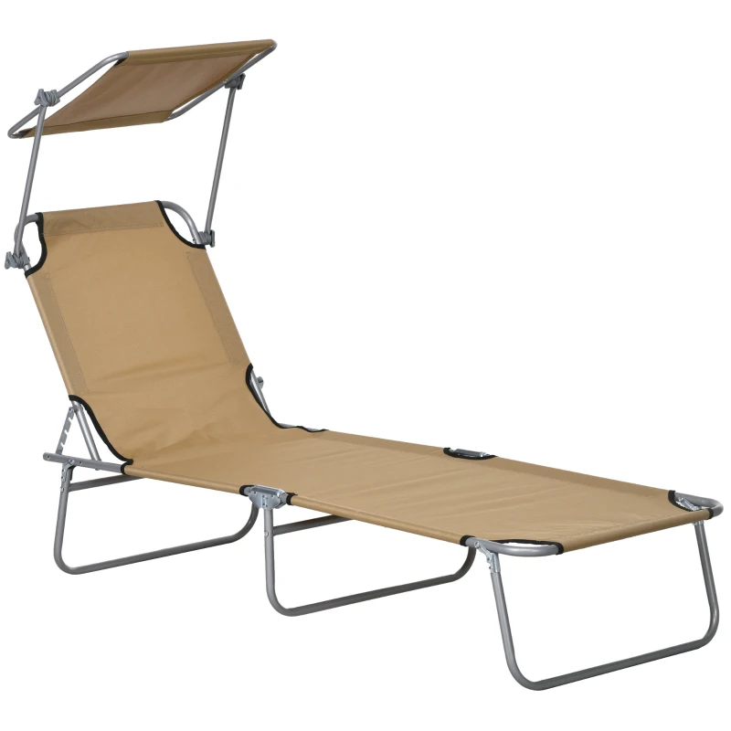 Outsunny Outdoor Pool Chaise Lounge Chair, Folding Tanning Chair with Sun Shade, Tan