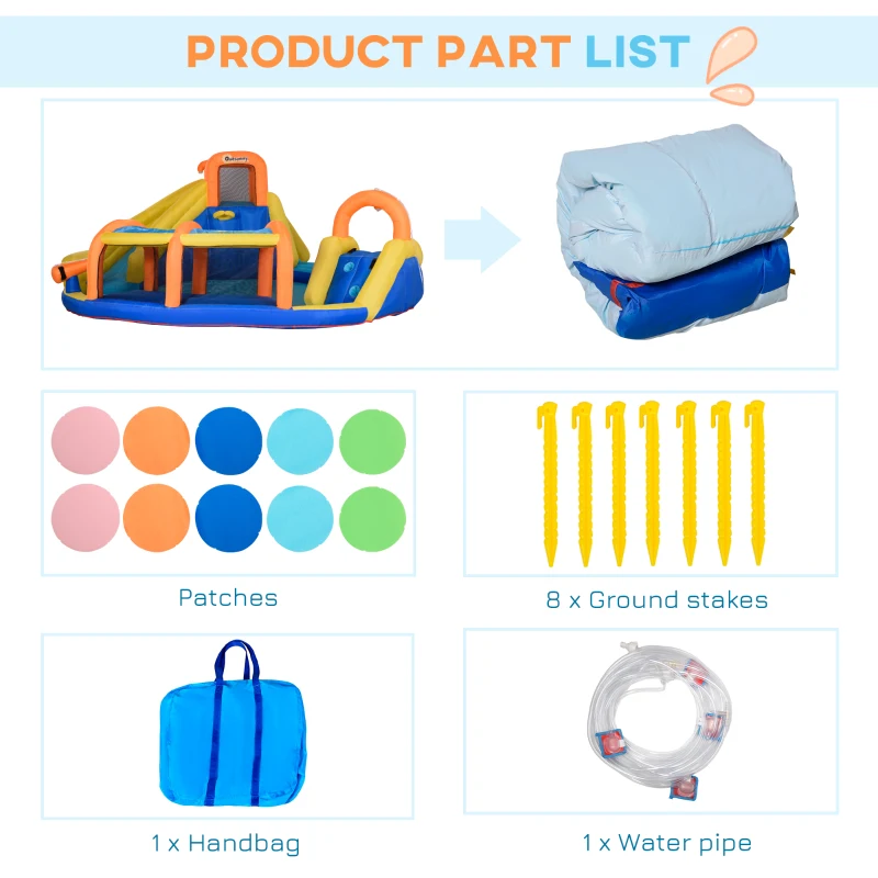 Outsunny 6-in-1 Kids Inflatable Water Slide, Bounce House with Slide, Pool, Water Cannon, Climbing Wall, Tunnel, Hoop, Backyard Inflatable Game for Birthday Party Activities without Air Blower