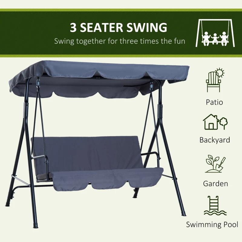 Outsunny 3-Seat Outdoor Patio Swing Chair with Removable Cushion, Steel Frame Stand and Adjustable Tilt Canopy for Patio, Garden, Poolside, Balcony, Backyard, Gray