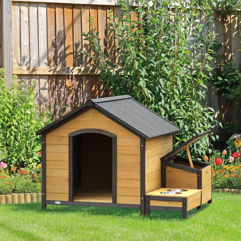 PawHut Wooden Outdoor Dog House, Cabin-Style Pet House with Feeding Bowls, Asphalt Roof, Storage Box for Dogs Up To 66 Lbs., Natural