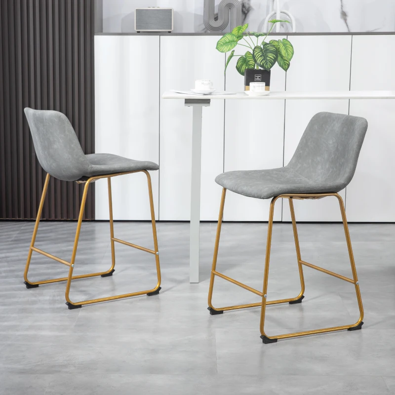HOMCOM Counter Height Stools Set of 2, PU Leather Upholstered Stools for Kitchen Island, Modern Bar Chairs, Light Grey