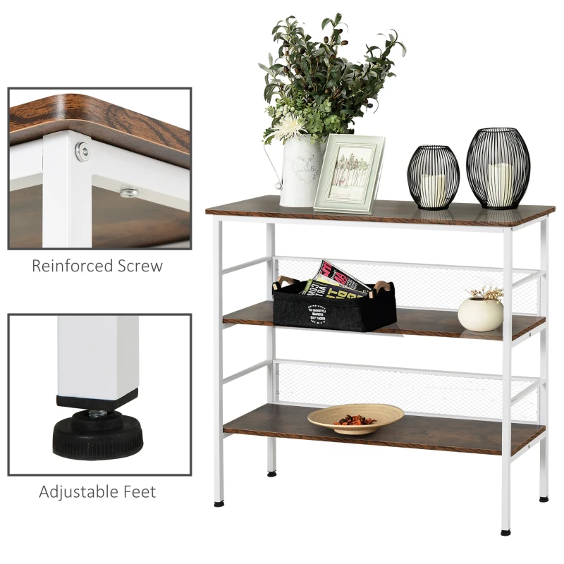 HOMCOM 3-Tier Console Table Industrial Style Storage Metal Wooden Shelf with a Robust Multi-Functional Design & Adjustable Feet, White