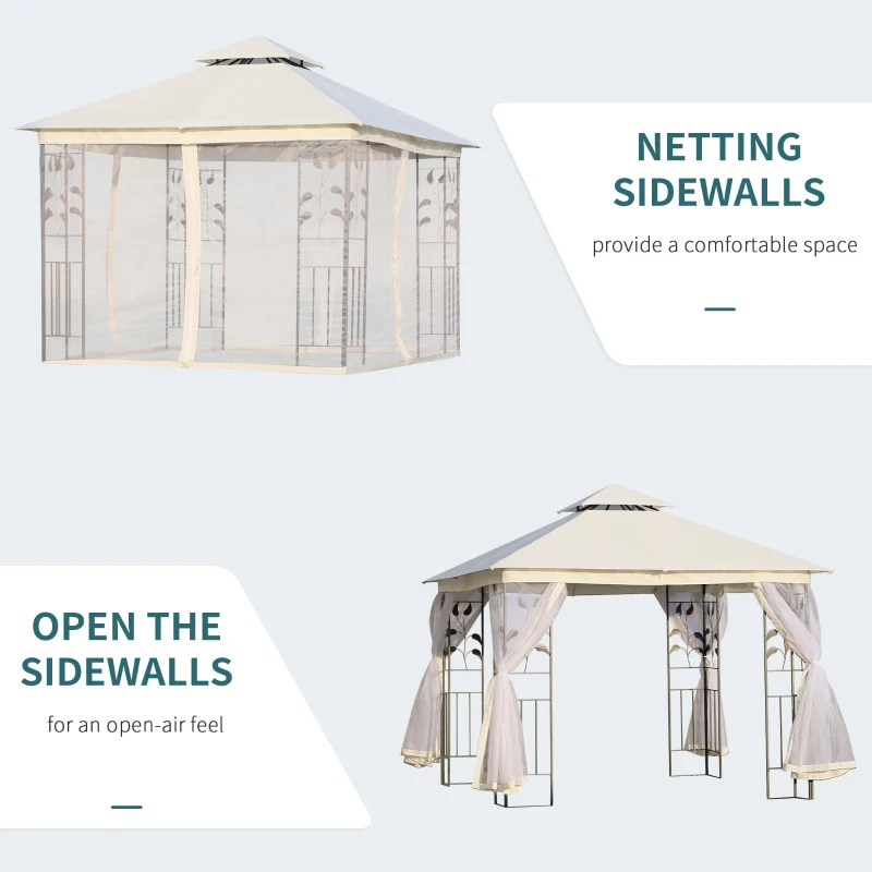 Outsunny 10'x10' Soft-top Steel Patio Gazebo Outdoor Sun Shelter with 2-Tier Polyester Roof, Curtain Sidewalls, White