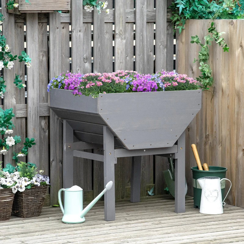 Outsunny Elevated Planter Box with Legs Wood Raised Garden Bed with Non-Woven Fabric, Elevated Planting Box, Outdoor Vegetable Flower Container, Grey