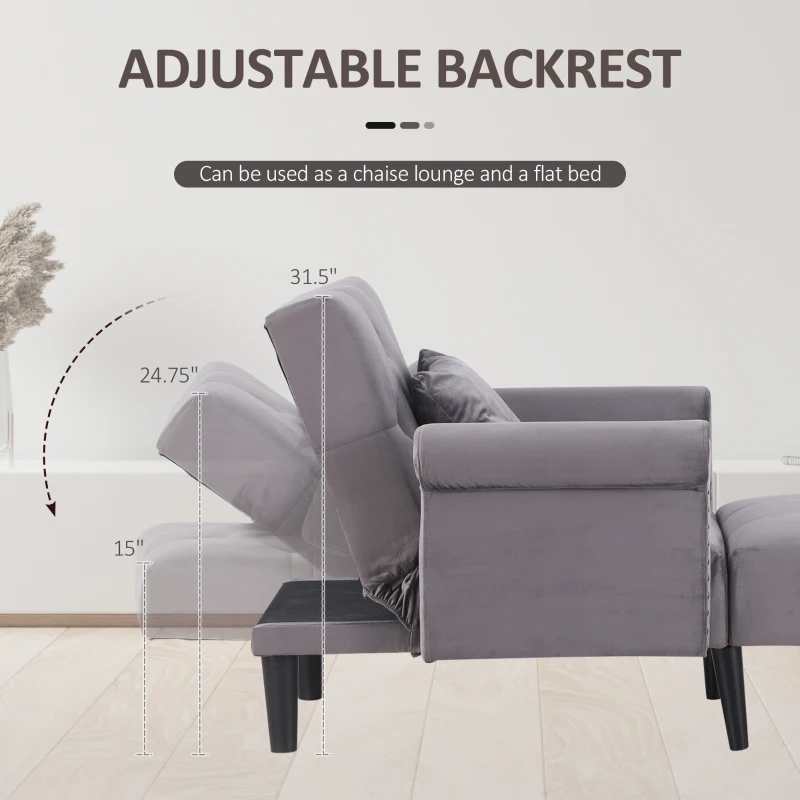 HOMCOM 2-In-1 Chaise Lounge Indoor with Rolled Armrest, Nailhead Trim and Button Tufting, Adjustable Velvet Fabric Upholstered Sofa for Bedroom and Living Room, Grey