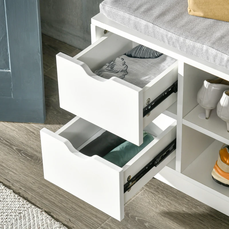 HOMCOM Upholstered Shoe Storage Bench w/ Seat, Entrance Bench w/ Drawer Open Shelves and Pocket for Hallway, White