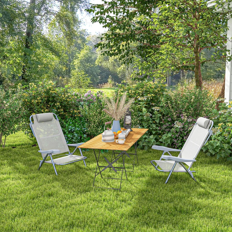 Outsunny Set of 2 Fishing Chairs, Camping Chairs with Adjustable Backrest and Headrest, Folding Chair for Outdoor, Light Grey
