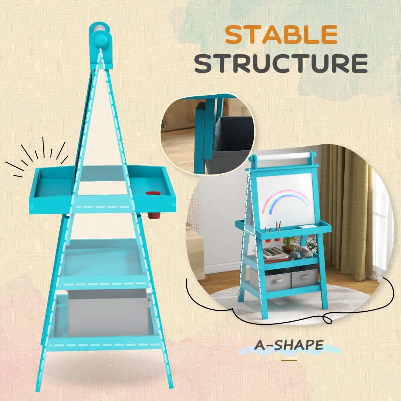 Qaba Double Sided Easel for Kids, Standing Toddler Easel with Paper Roll, Magnetic Whiteboard, Chalkboard & Storage, Blue