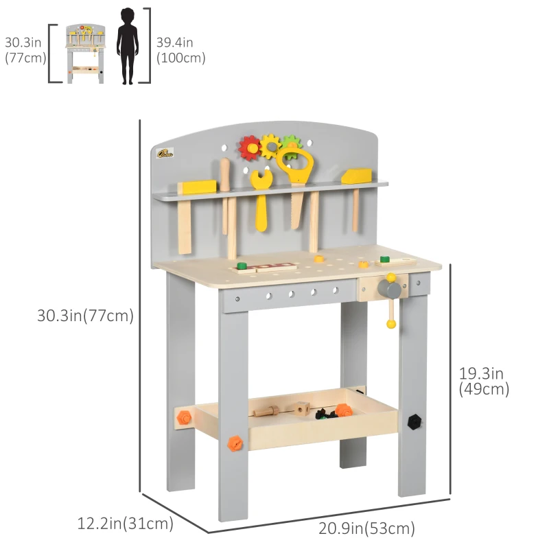 Qaba Kids Tool Bench with Storage Shelf, 31 Pcs Construction Work Shop Toy, Pretend Play Workbench for Boys Girls Age 3-6